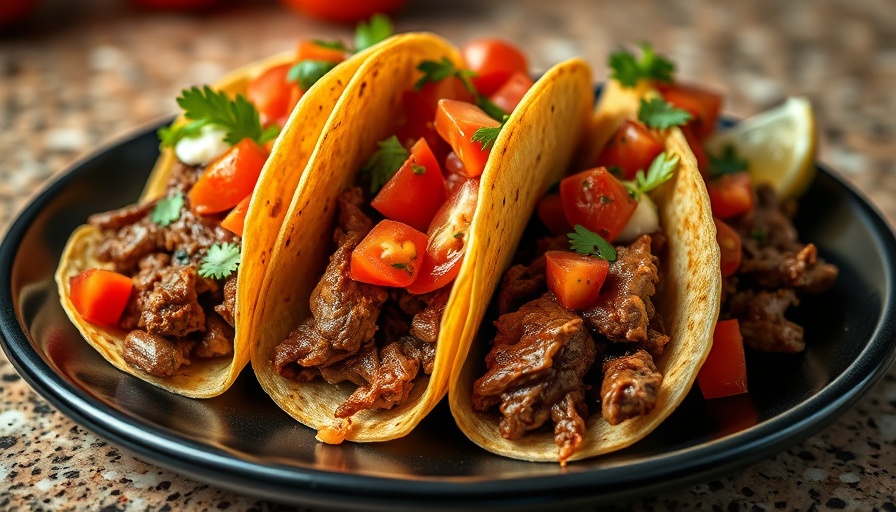 Three vibrant, delicious tacos with fresh toppings.