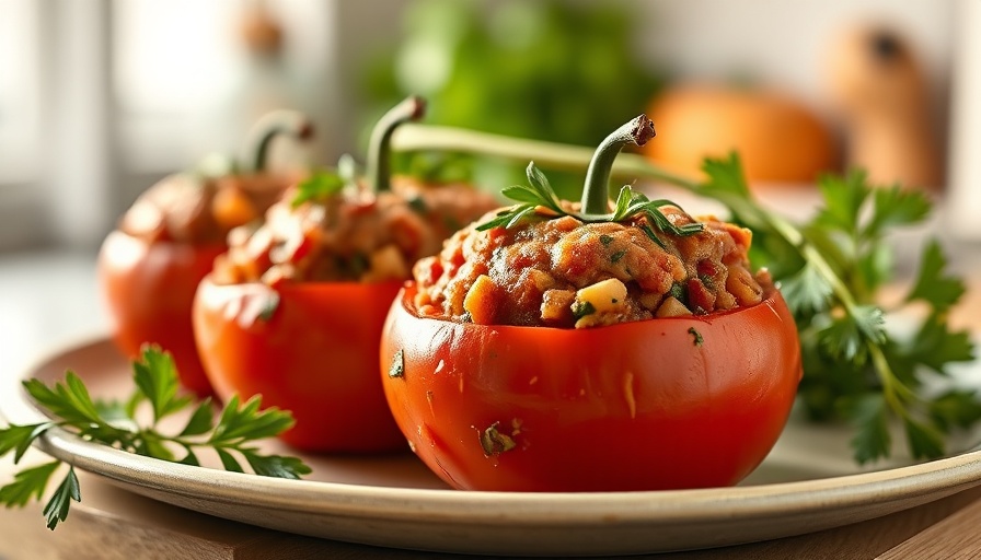 Mouthwatering low carb stuffed tomatoes with herbs, photorealistic.