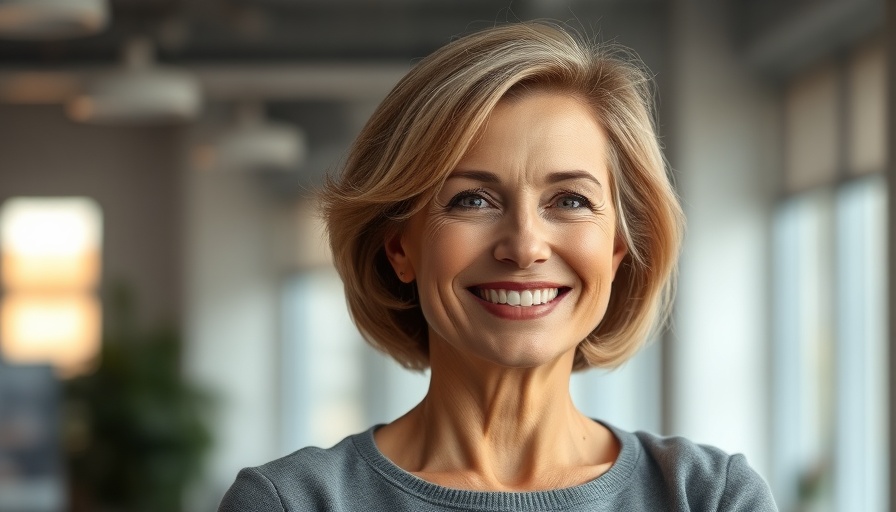 Middle-aged woman smiling confidently in an office, employee expectations management setting.