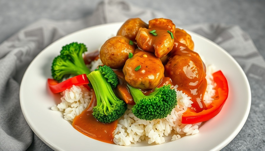 Asian Chicken Meatballs with Peanut Sauce on rice with broccoli and peppers.