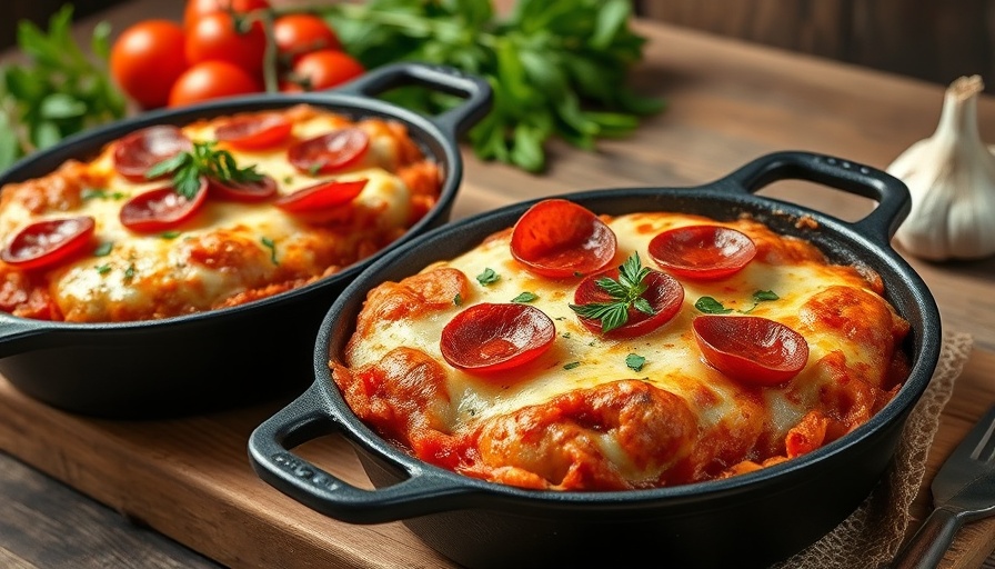 Healthy sausage dishes in black skillets with pepperoni and cheese.