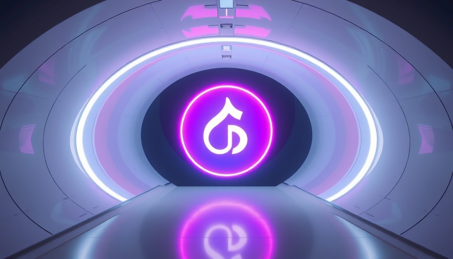 Glowing Siri logo in a futuristic corridor, vibrant technology theme.