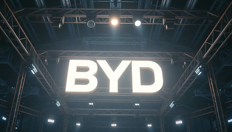 Illuminated BYD logo at industrial setting.