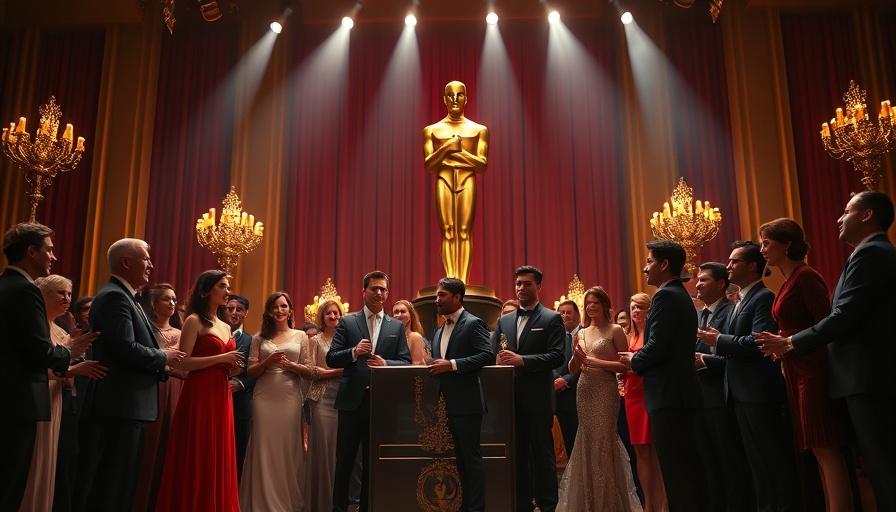 Award ceremony at night with Oscar statue backdrop captured in vivid detail.