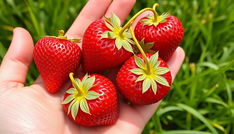 $19 Erewhon strawberry held against a grass background, vibrant red.