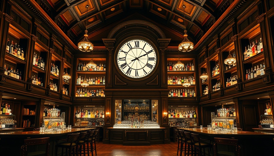Elegant bar interior with a clock under warm lighting