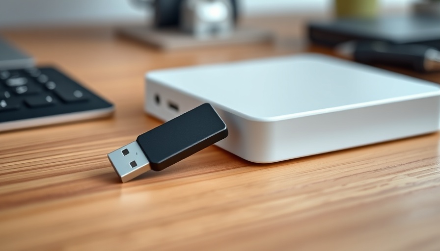 Sleek USB drive and external hard drive on wooden desk, local SSDs and hard drives.
