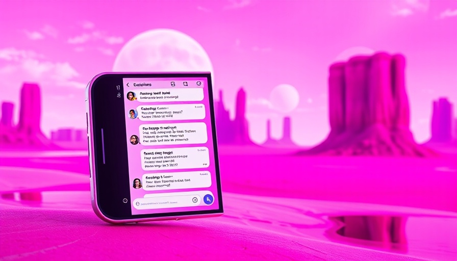 Futuristic smartphone displaying AI companionship chat in pink desert.
