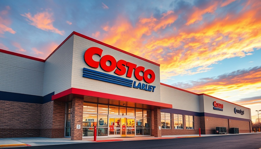 Costco entrance with vibrant tie-dye sky background highlighting store appeal.