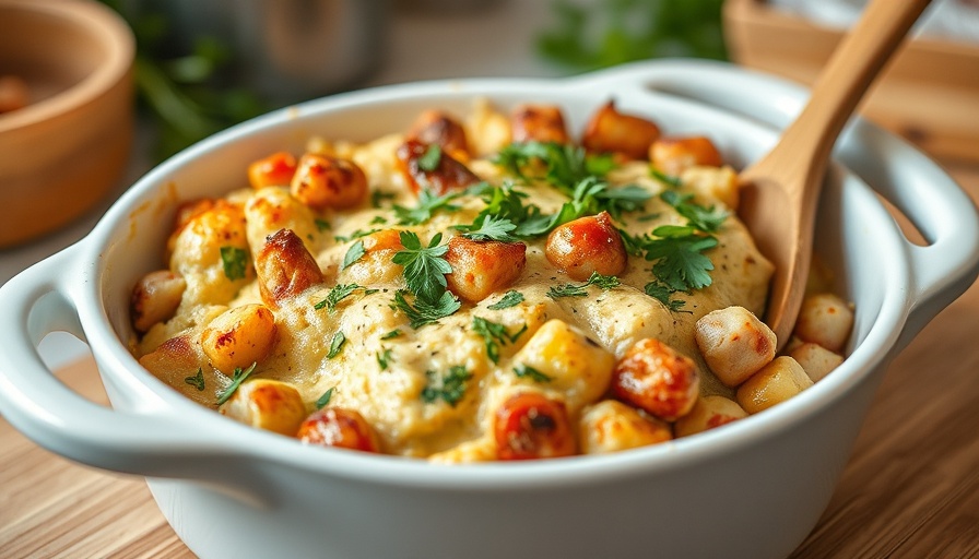Delicious low-carb casserole with fresh veggies in a white dish.