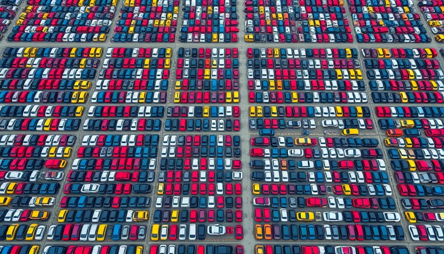 Aerial view of packed car lot highlighting Trump tariffs impact on American carmakers.