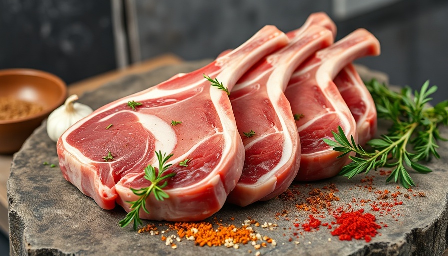 Raw lamb chops with spices and garlic on a rustic surface.