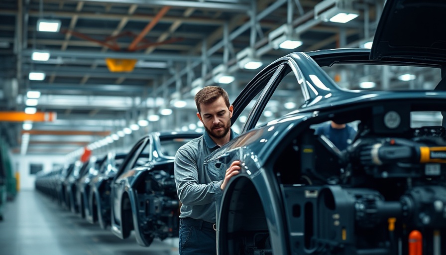Auto assembly line showing factory workers and car production