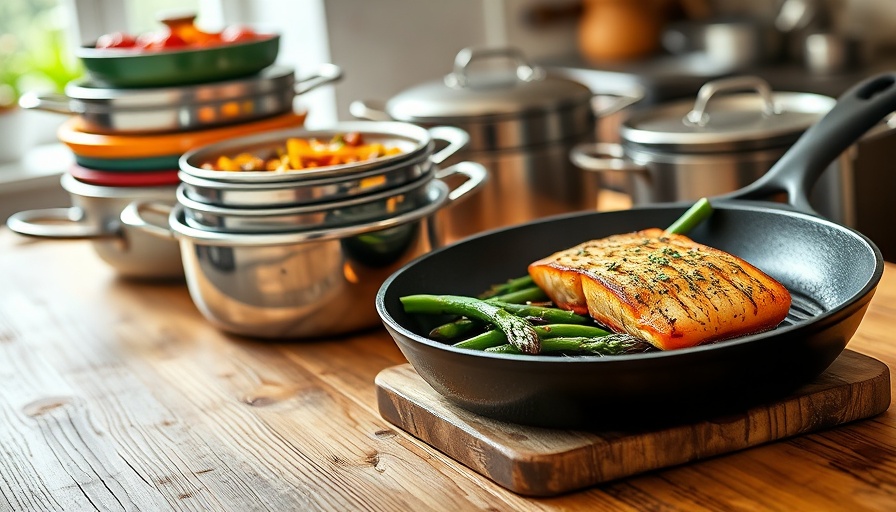 Assorted American made cookware set in various settings.
