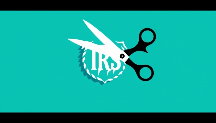 IRS layoffs depicted with scissors cutting emblem.