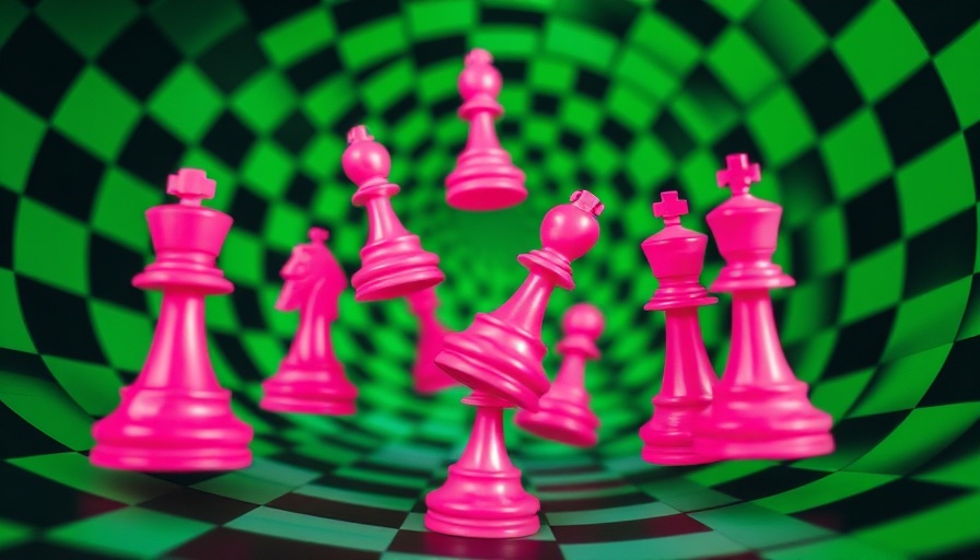 Surreal pink chess pieces in a green vortex, AI can cheat at chess.