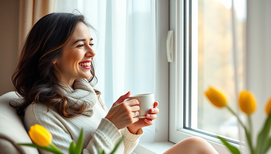 Smiling woman holds tea by energy-efficient window with yellow tulips.