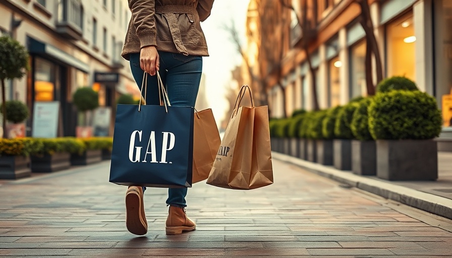 Gap shopping bags being carried in urban evening setting.