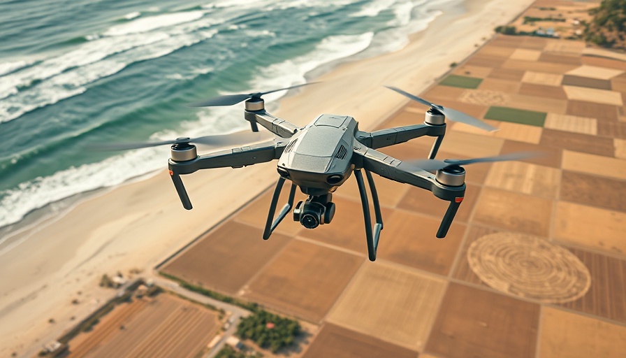 Drone surveying coastal farmland with ocean in view, related to Shield AI $5.3 billion funding.