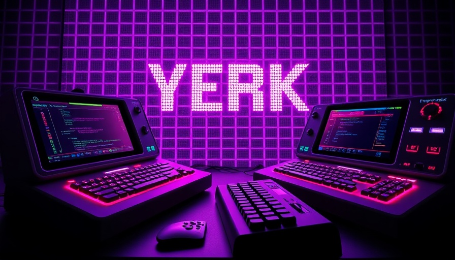 Retro cyberdeck devices on a neon grid background, Building Cyberdecks.