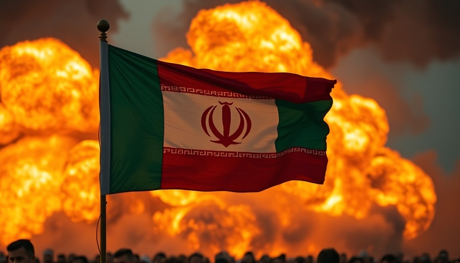 Iranian flag amidst fiery explosion; highlights tensions like Israel strike on Iran.
