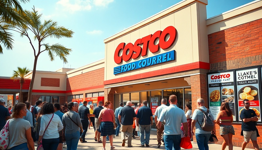 Costco food court entrance with menu and queue on a sunny day.