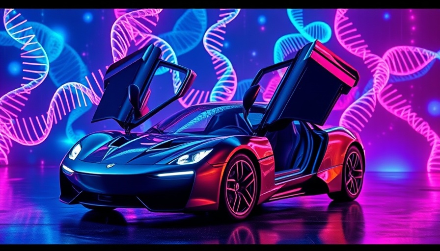 Futuristic car with DNA helixes in a pop art style about gene de-extinction.