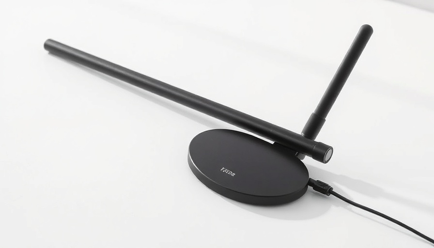 Sleek black TV antenna on white desk, best TV antennas 2025.