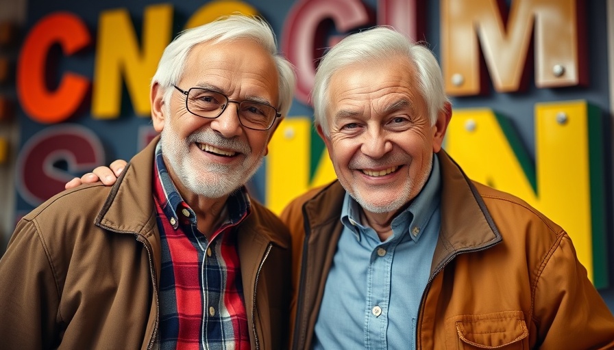 Cheerful older gentlemen posing together, vibrant background.