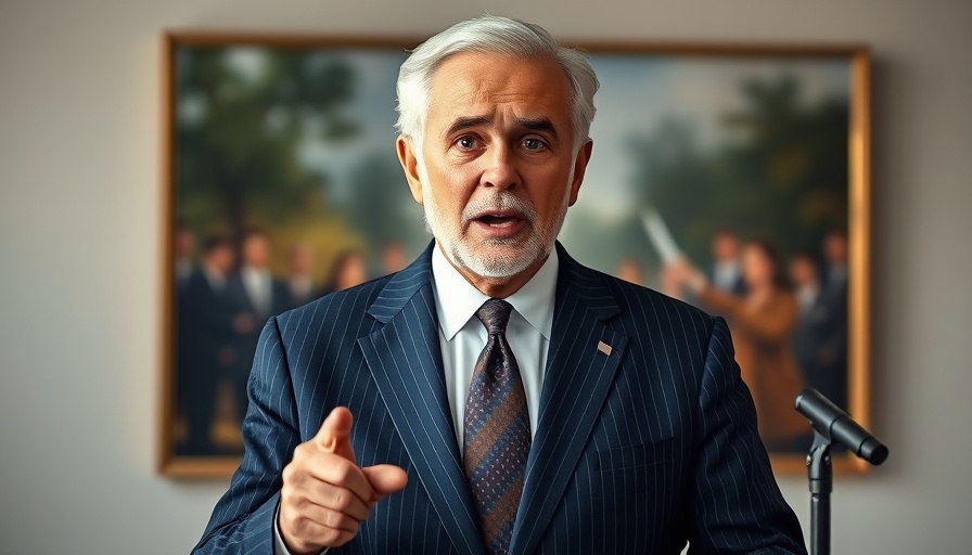 Older man in pinstripe suit speaking pointedly at event.