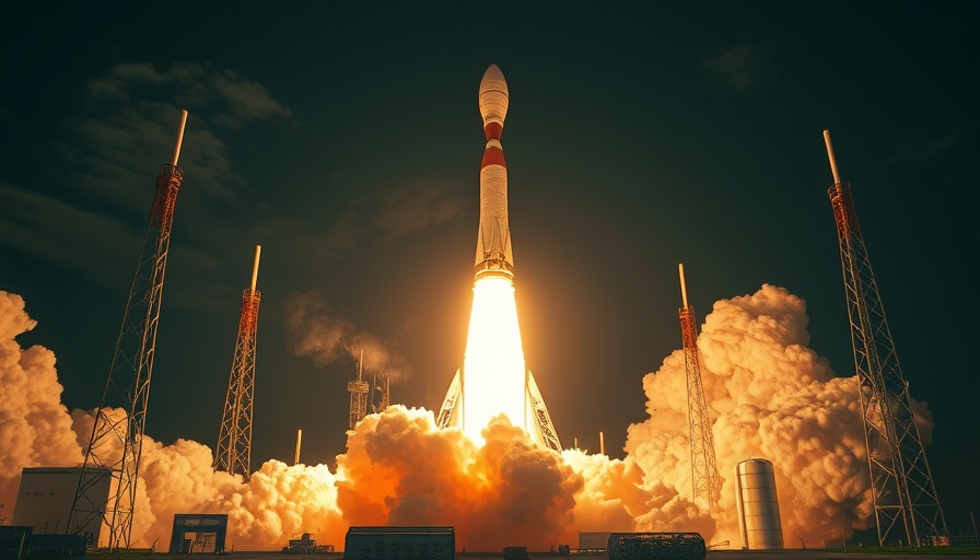 Rocket launch with fiery exhaust and futuristic towers, capturing space exploration.
