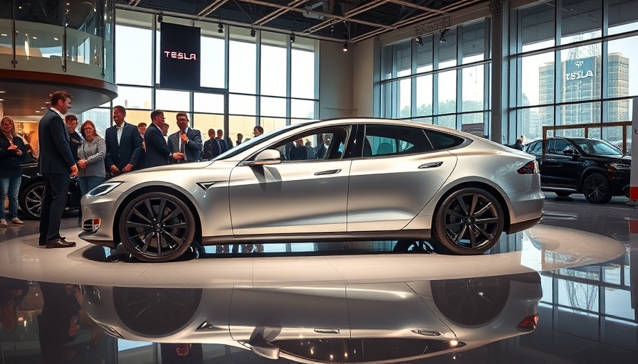 Sleek silver Tesla Model S on display at auto show.