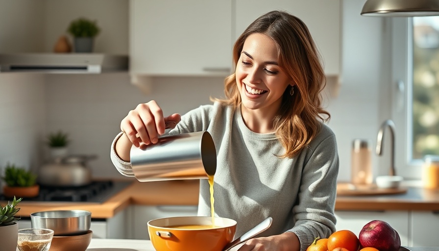 Woman preparing collagen-rich soup for glowing skin in a bright kitchen.