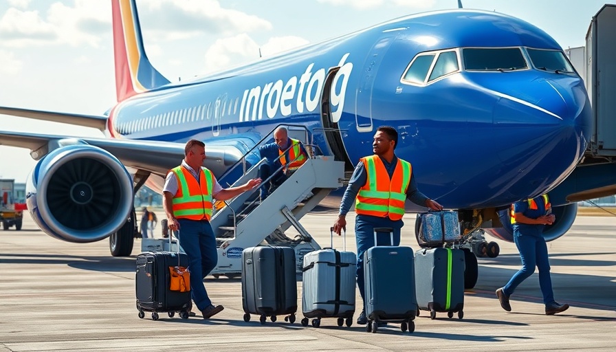 Southwest Airlines plane with crew handling baggage, illustrating checked bag fees.