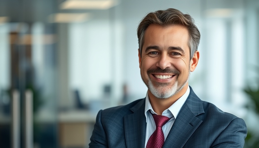Confident man in suit smiling warmly in office setting.