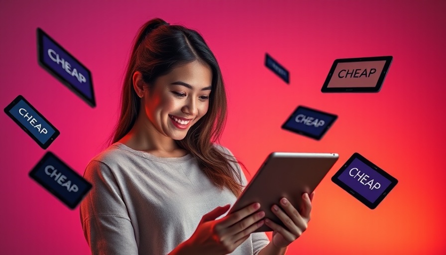 Smiling woman with iPad, surrounded by floating 'CHEAP' iPads, colorful backdrop for 'Buy the Cheapest iPad'.