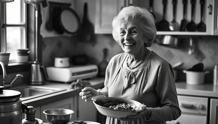 Joyful woman serving a dish in a vintage kitchen, black and white.