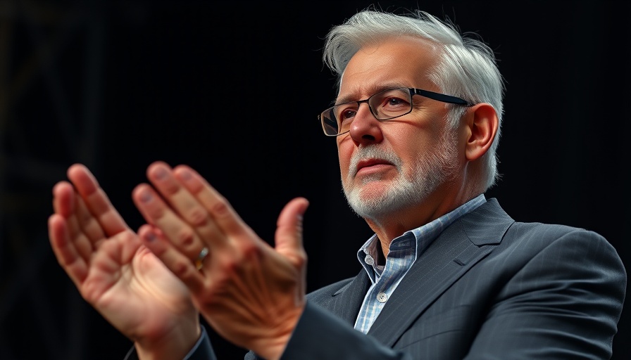 Elderly man clapping on stage, dark soft lighting.