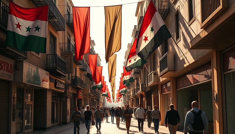 Flags on a Syrian street with people walking and shops visible.