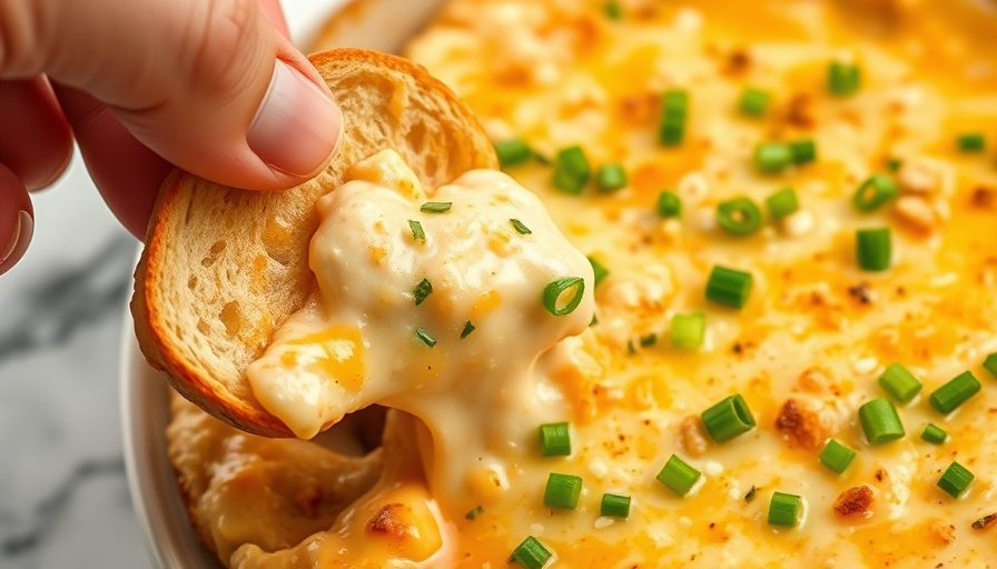 No-stress appetizers: Hand dipping toast into cheesy dip in skillet