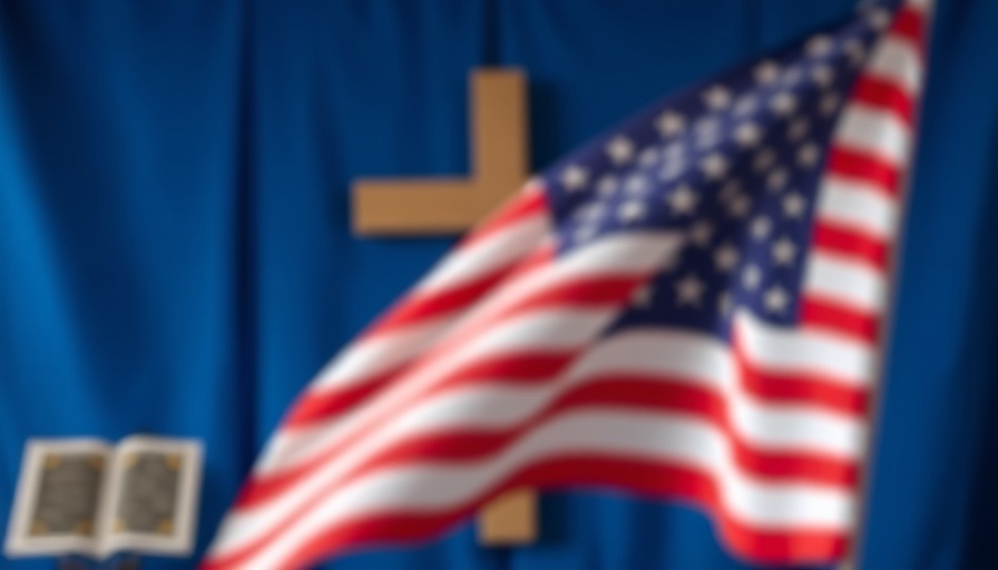 American flag with blue backdrop featuring cross and book symbol, symbolizing Southern Baptist themes.