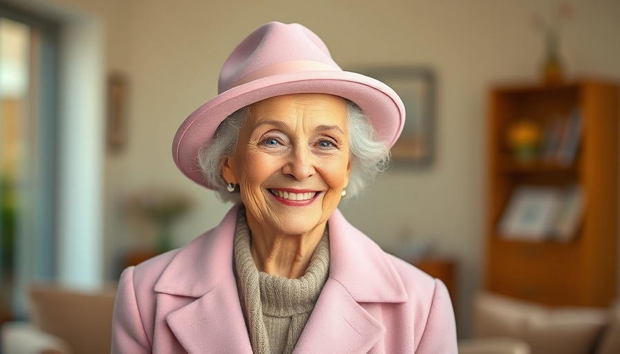 Elegant elderly woman in pink hat and coat, smiling gracefully.