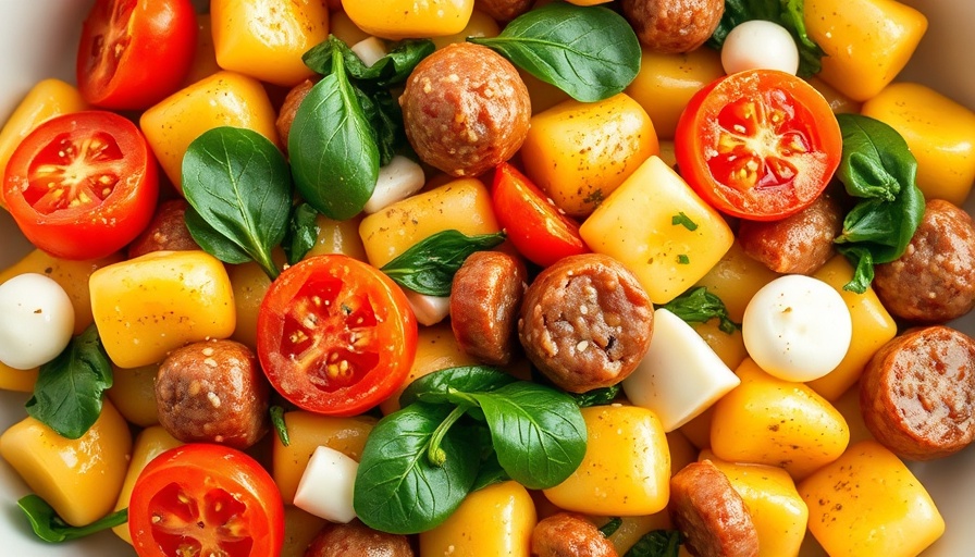 Vibrant sheet pan gnocchi with sausage, spinach, tomatoes, mozzarella.