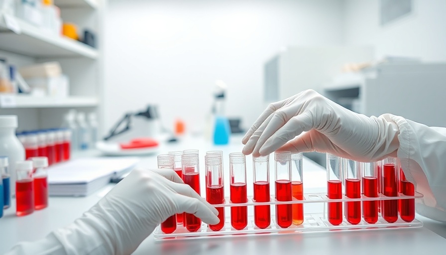 Gloved scientist in lab organizing blood samples for yearly HIV prevention shot.