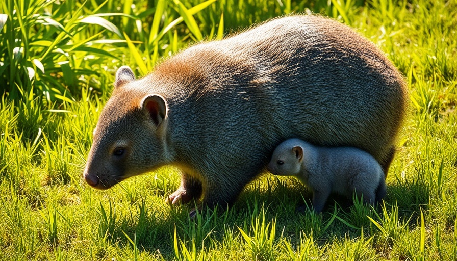 Wildlife ethics: Adult wombat with cub on sunlit grass.
