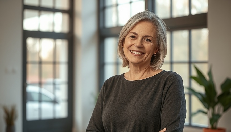Confident middle-aged woman smiling inside, soft lighting