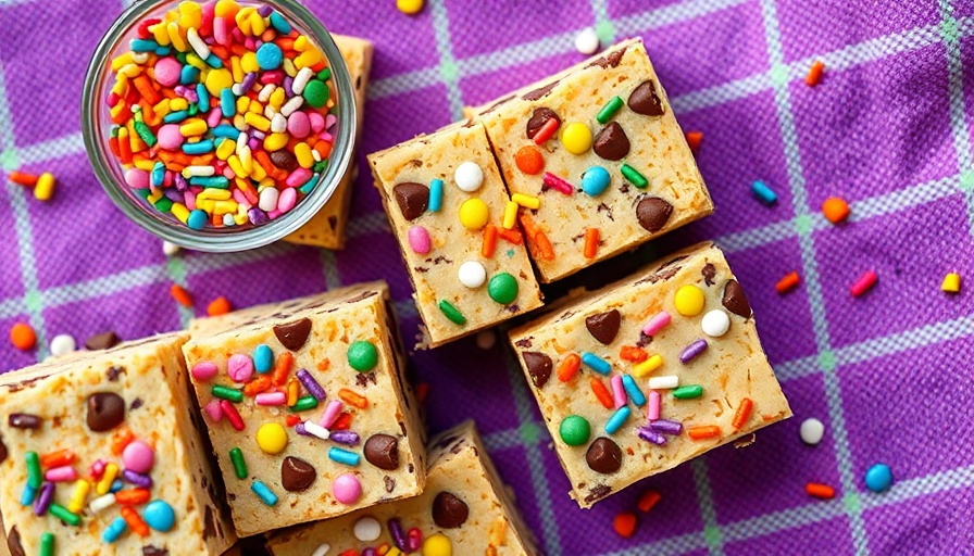 Chocolate Chip Confetti Bars with colorful sprinkles on a checkered cloth.