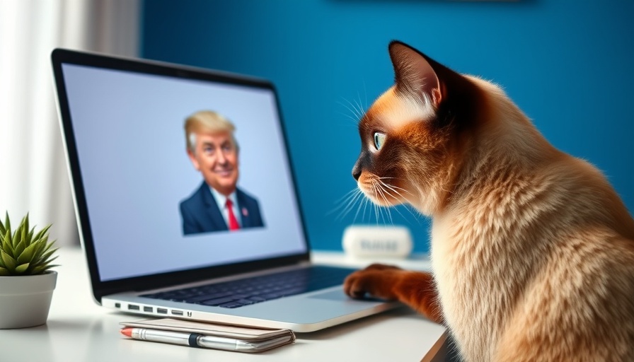 Trump meme coin image with a cat watching a laptop.
