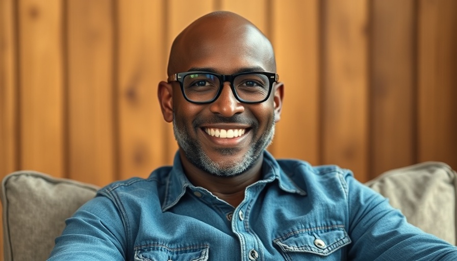 Bald man in glasses smiling warmly indoors.