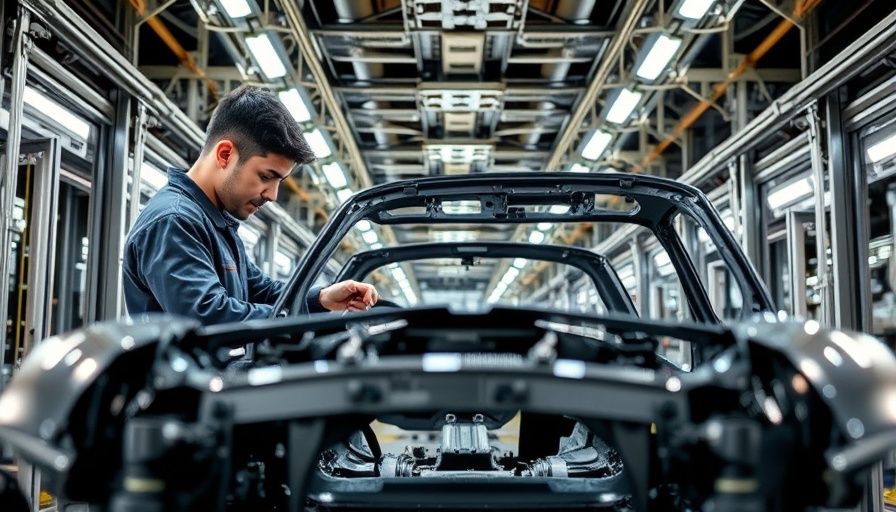Technicians inspect car assembly in high-tech plant; foreign investment.